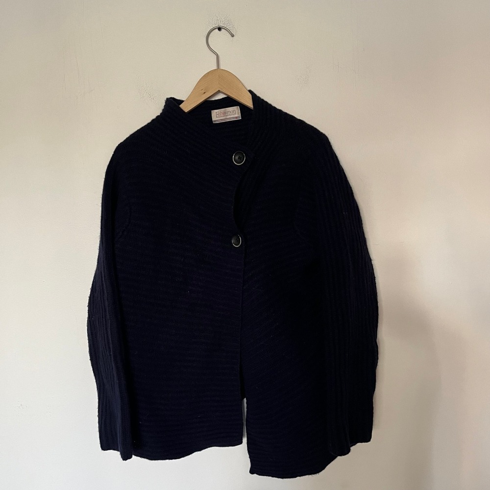 Fisherman Out of Ireland Navy Merino Wool Cashmere Asymmetrical Cardigan M